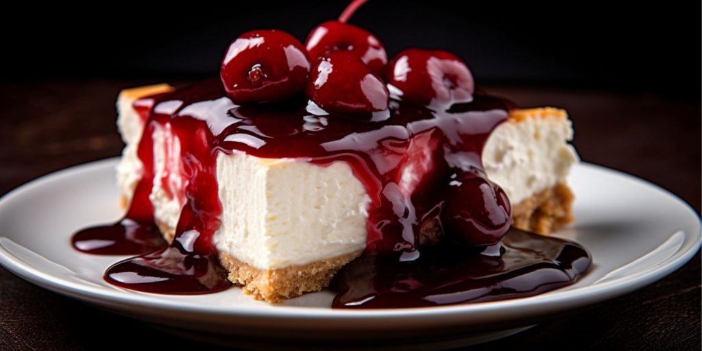 Close up of a piece of cheesecake drizzled in a sticky Boozy Cherry Sauce