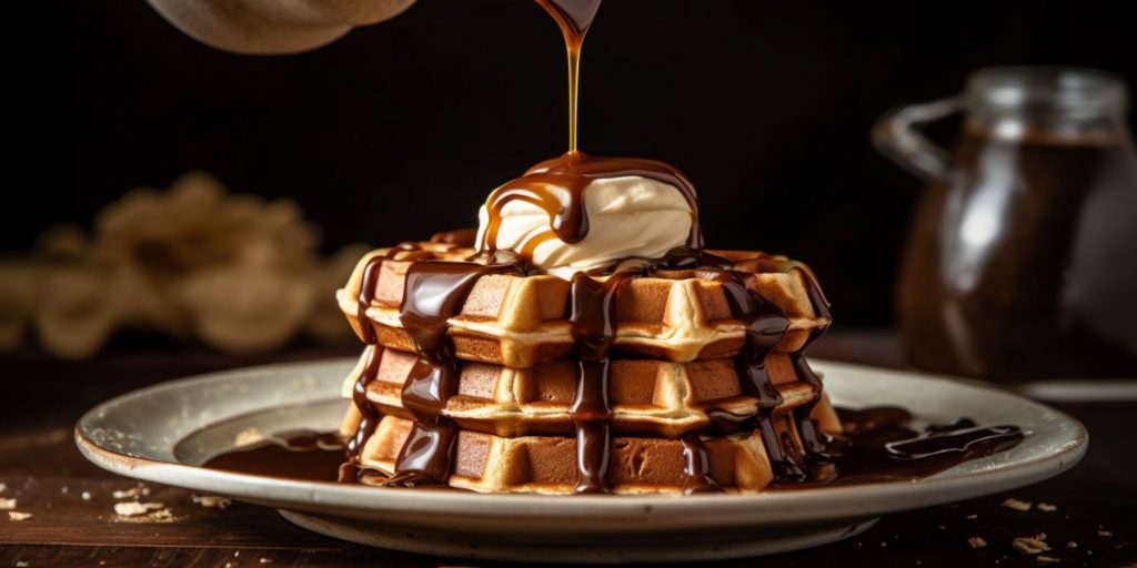 Close up of a stack of waffles being drizzled in lashings of Boozy Chocolate Sauce
