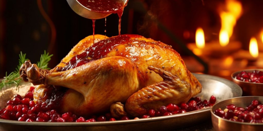 Close-up MidJourney image of boozy cranberry sauce being drizzled over a succulent turkey on a table in front of a fireplace