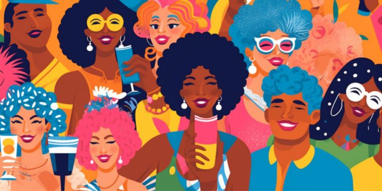 MidJourney AI illustration image of a group of diverse friends in colorful clothing enjoying themselves at a Pride Party