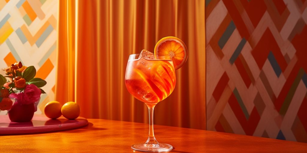 Close-up of an Aperol Spritz cocktail in an inviting orange-hued Midcentury Modern apartment