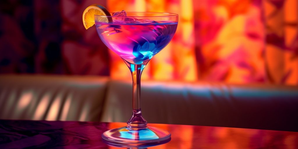 Close-up of an Aviation cocktail in a dark and sparkly rainbow-hued environment