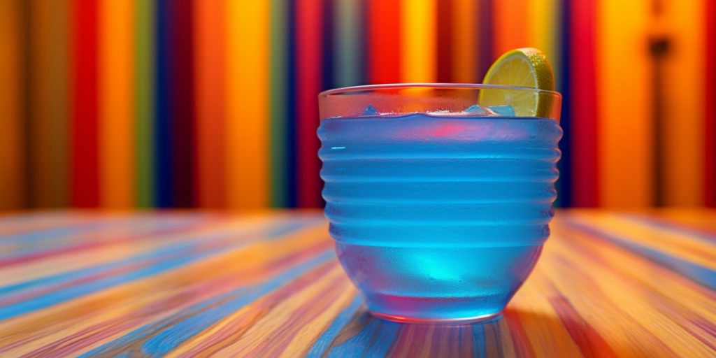 Close up of an electric Blue Hawaiian cocktail against a rainbow striped backdrop