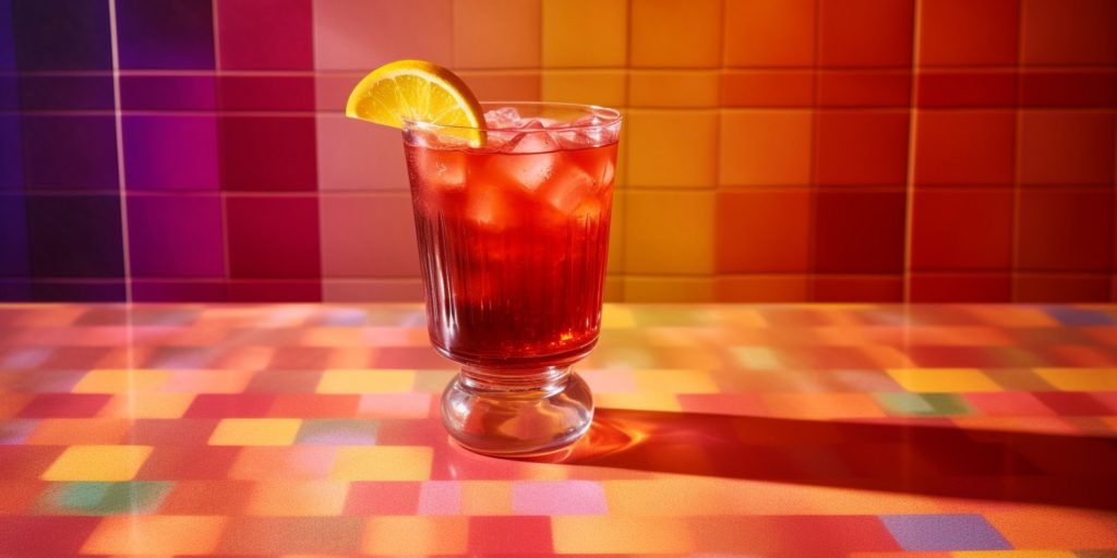 Close-up of a Castro Collins cocktail on a rainbow-colored tablecloth in a brighly lit home environment