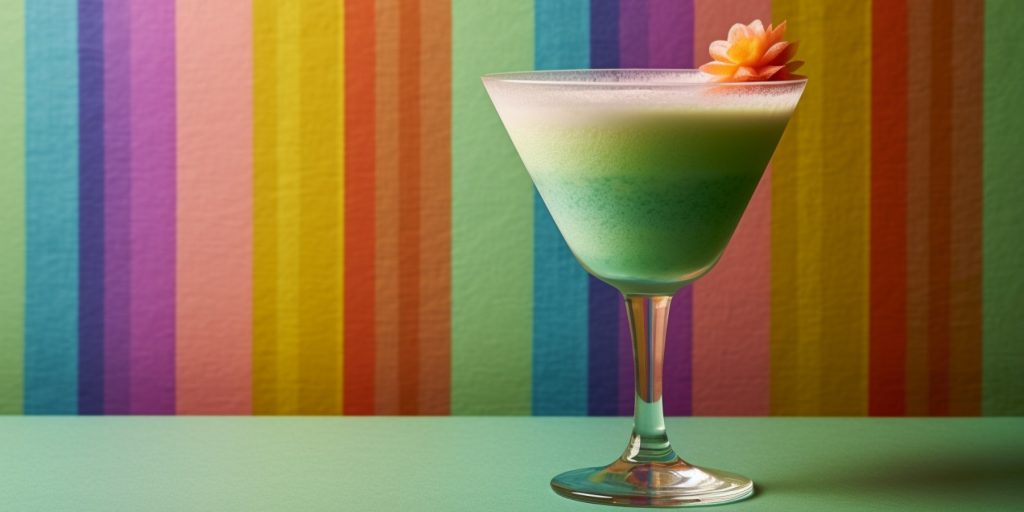 Close-up of a creamy Grasshopper cocktail against a rainbow striped backdrop