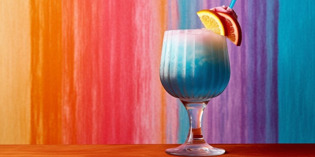 Close up of a Market Street Mai Tai against a rainbow striped backdrop