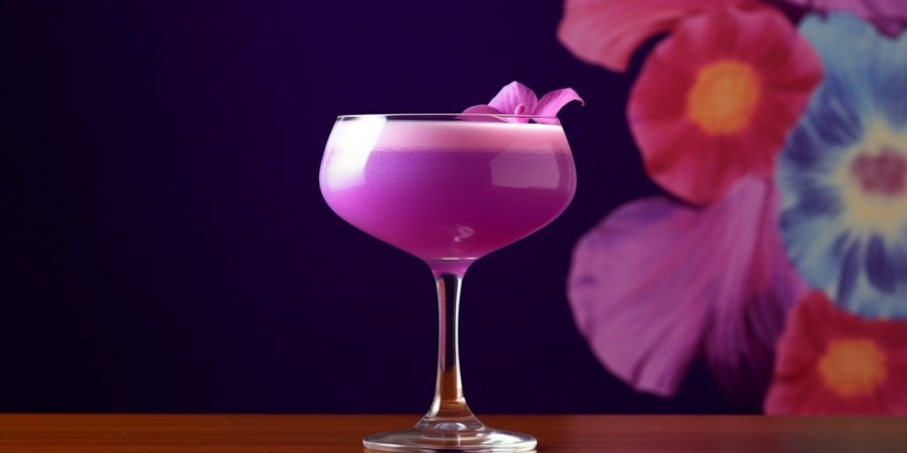 Close up of a Dusky Cosmo cocktail against a purple floral backdrop