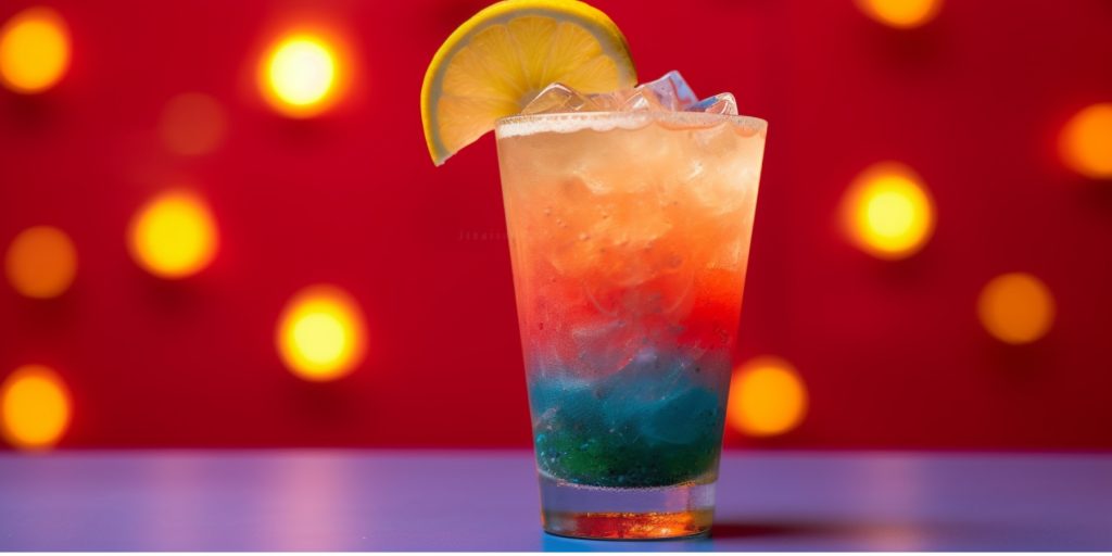 Close up of a Rainbow Paradise Cocktail against a bright and inviting backdrop