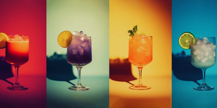 Combined image of four brightly colored Rainbow Cocktails against colorful backdrops, one next to the other, in green, red, yellow and blue