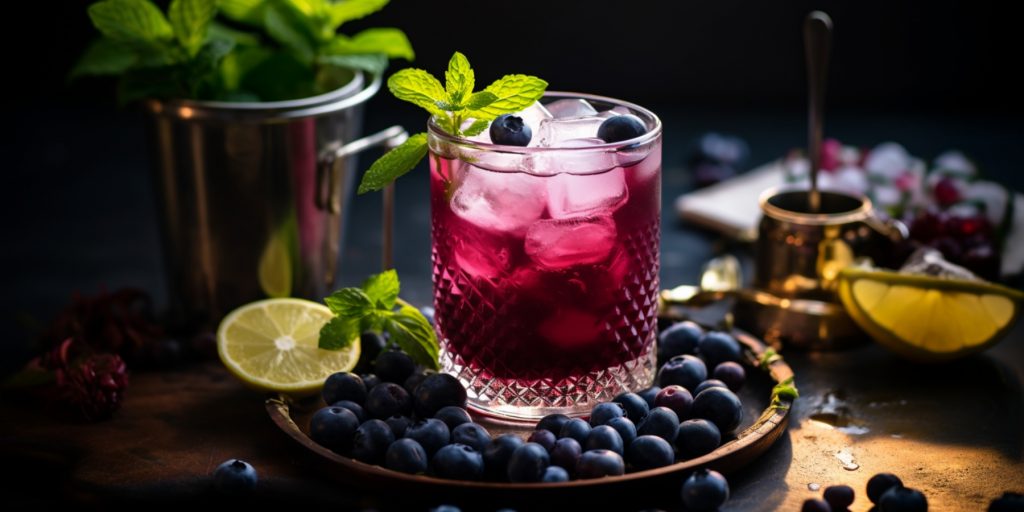 Blueberry Bourbon Smash with fresh blueberries, mint and lemon