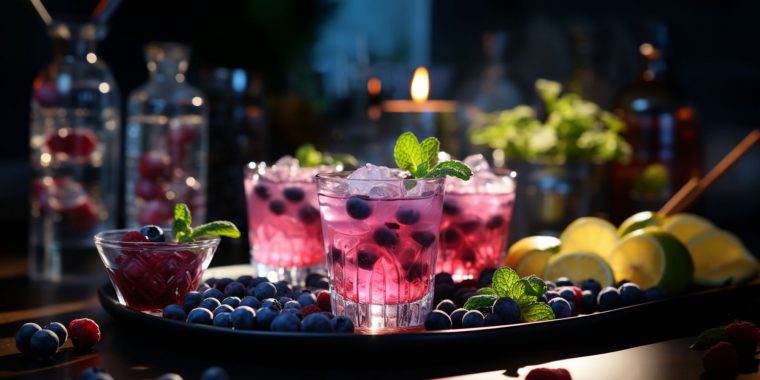 A trio of Blueberry cocktails arranged on a tray of botanical garnishes in a light, bright home kitchen environment
