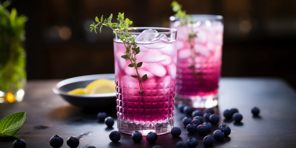 Blueberry Gin Smash cocktails with fresh thyme and blueberry garish