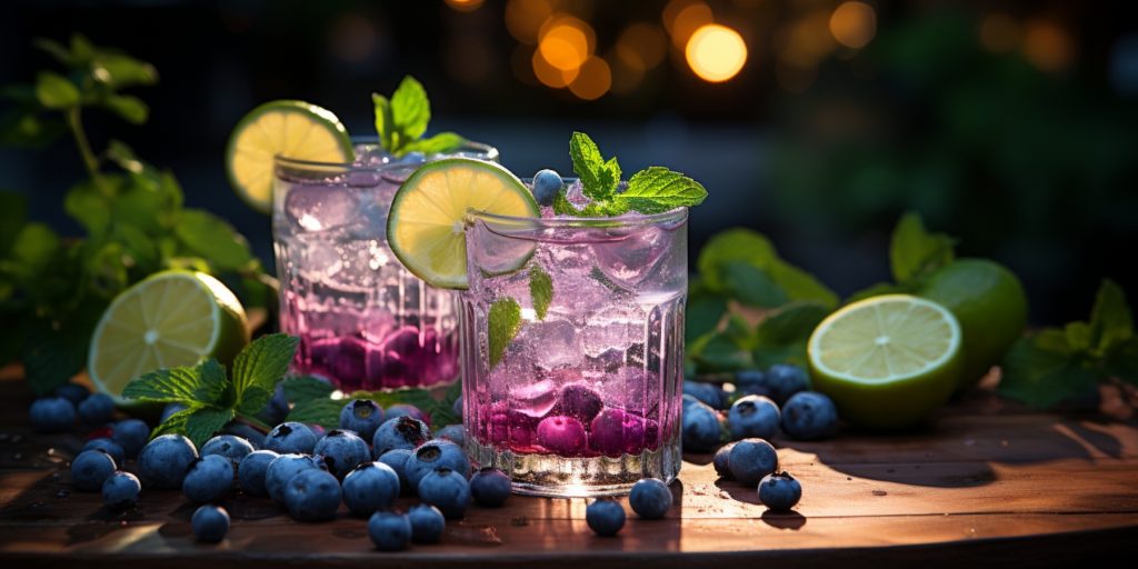 Blueberry Mojito cocktails with fresh mint and lime garnish