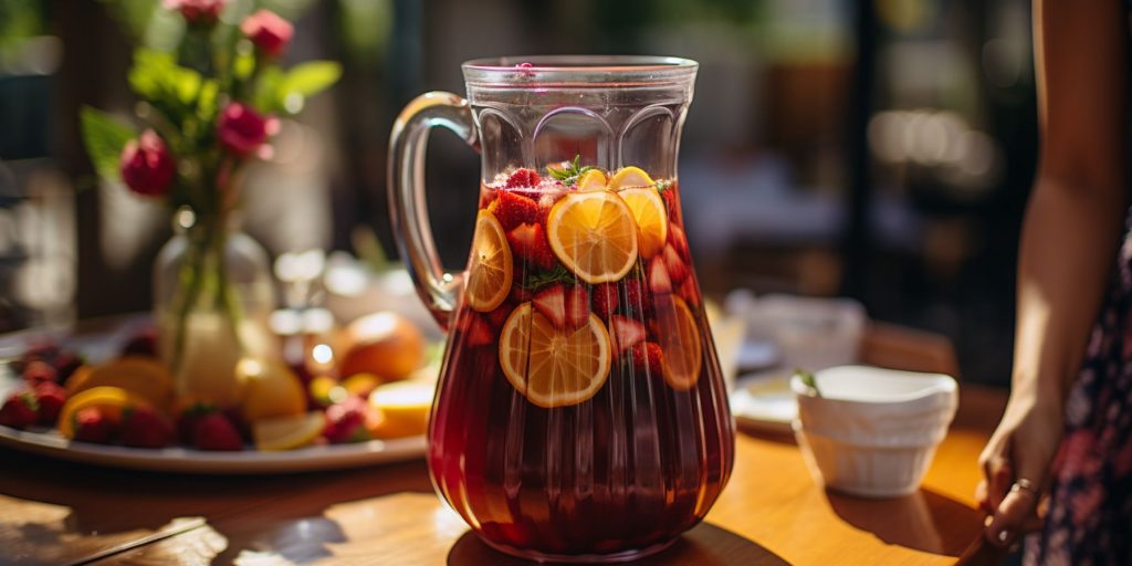 Close up of a pitcher of classic Sangria in a sunny outdoor space with flowers in the background
