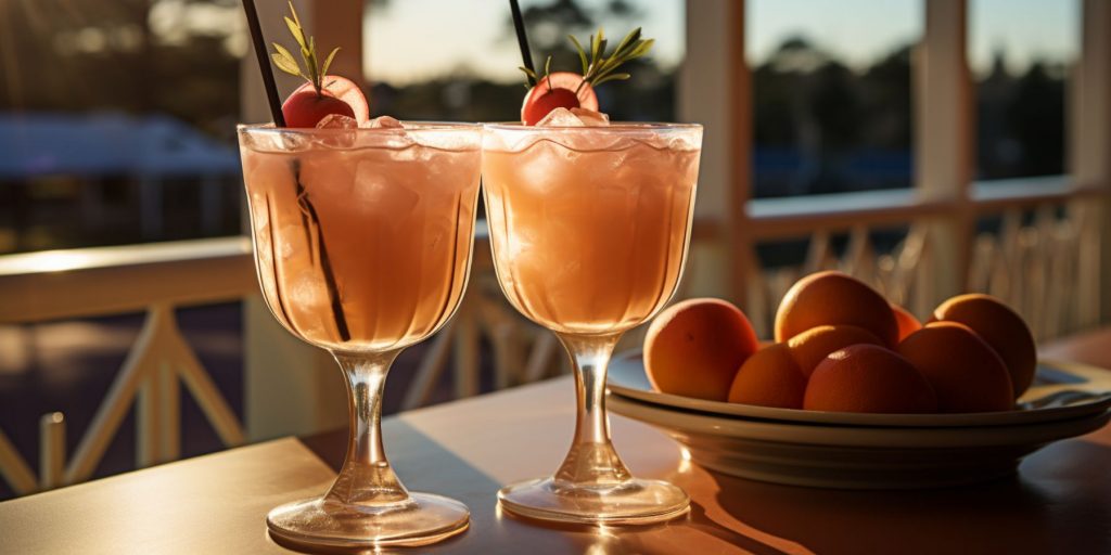 Close up of a pair of Georgia Peach cocktails on a table on a porch on a sunny summer's afternoon