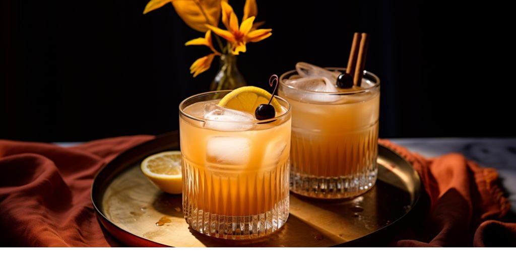 Maple Whiskey Sour cocktails with cinnamon garnish