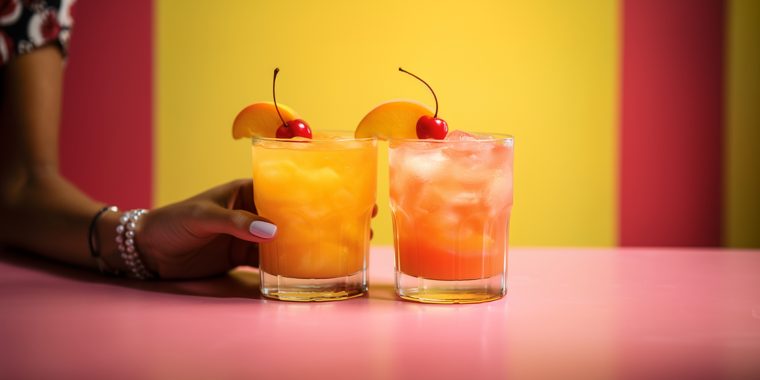 Hand reaching for one of two refreshing peach cocktails