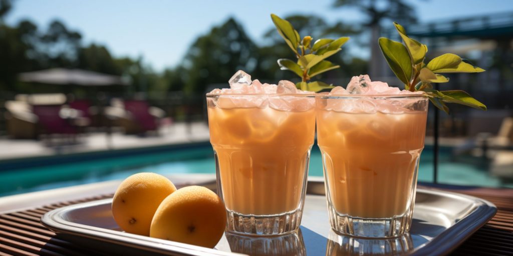 Close up of two frosty Peach Margaritas outdoors next to a tennis court in the hight of summer