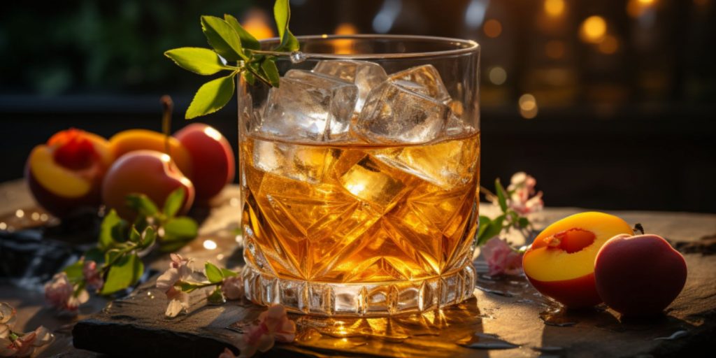 Close up of a Peach Old Fashioned cocktail backlit in a bright home setting