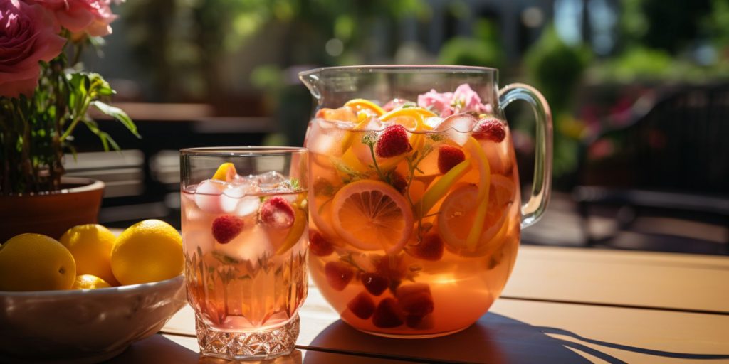 An ice cold pitcher of Peach Sangria filled with seasonal fruit on a picnic table in a lovely summer's garden