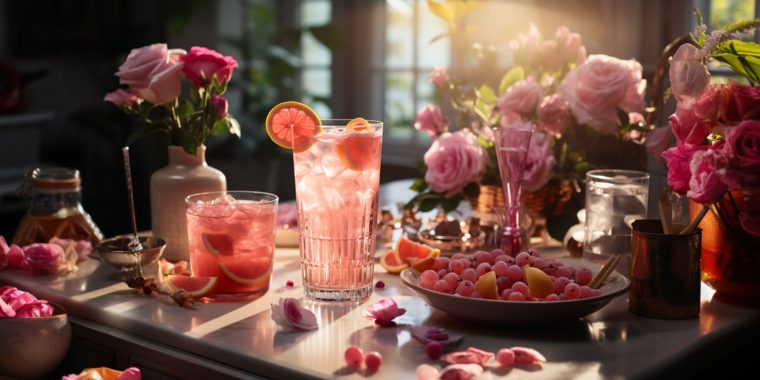 A collection of pink cocktails on a counter in a home kitchen with light streaming in through the window and a variety of pink garnishes and flowers all around