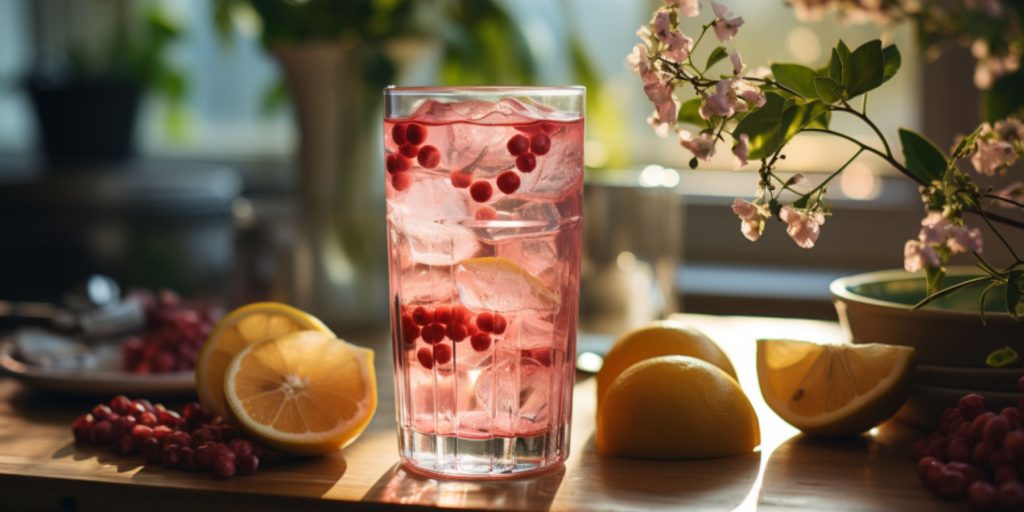 Close up of a refreshing Pomegranate Elderflower Spritzer in a light bright home ktichen environment next to a vase of Elderflowers