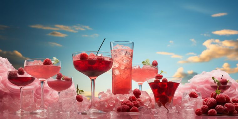 An array of Raspberry Cocktails set in a fantastical landscape against a blue sky backdrop specked with clouds as dusk grows near