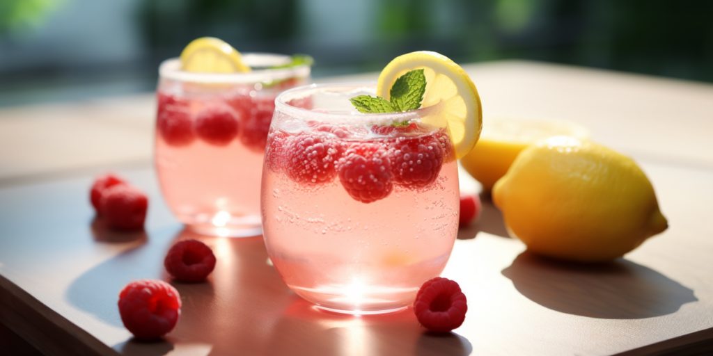 Two Raspberry Limoncello Prosecco cocktails with fresh lemon and raspberry garnish