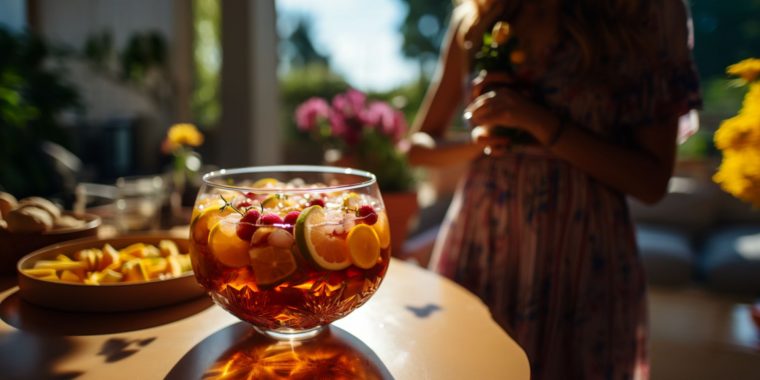 A bowl of summer Sangria in a bright, light-filled room with a hostess in the background waiting to serve her guests