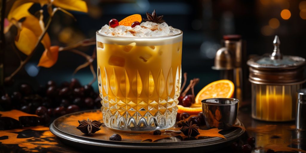 Close up of an Autumn Spiced Apple Sour cocktail againt a dark and dramatic backdrop garnished with spices and sliced fruit