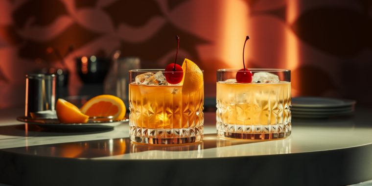 Two Whiskey Sour variations in a retro lounge setting