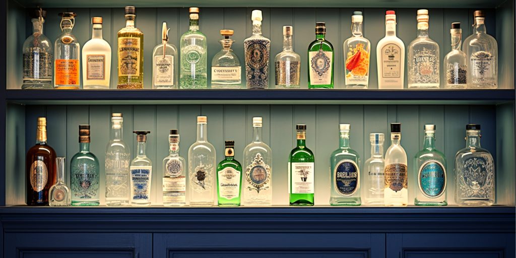 Shelves of different gins for martini