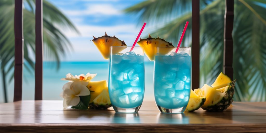 Two Blue Hawaiian coconut cocktails set against a beach backdrop with palm trees