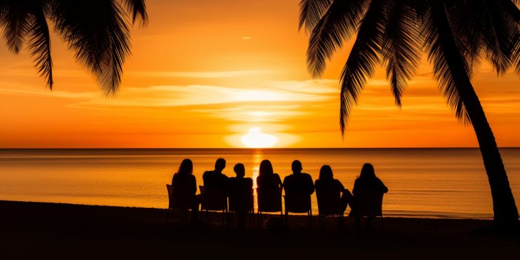 Silhouette style image of friends sitting on the beach, backs to camera enjoying coconut cocktails and watching the sun set