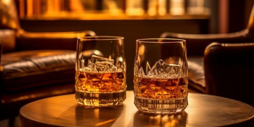 Two tumblers of Bottled in Bond whiskey on a table in an atmospheric whiskey bar environment