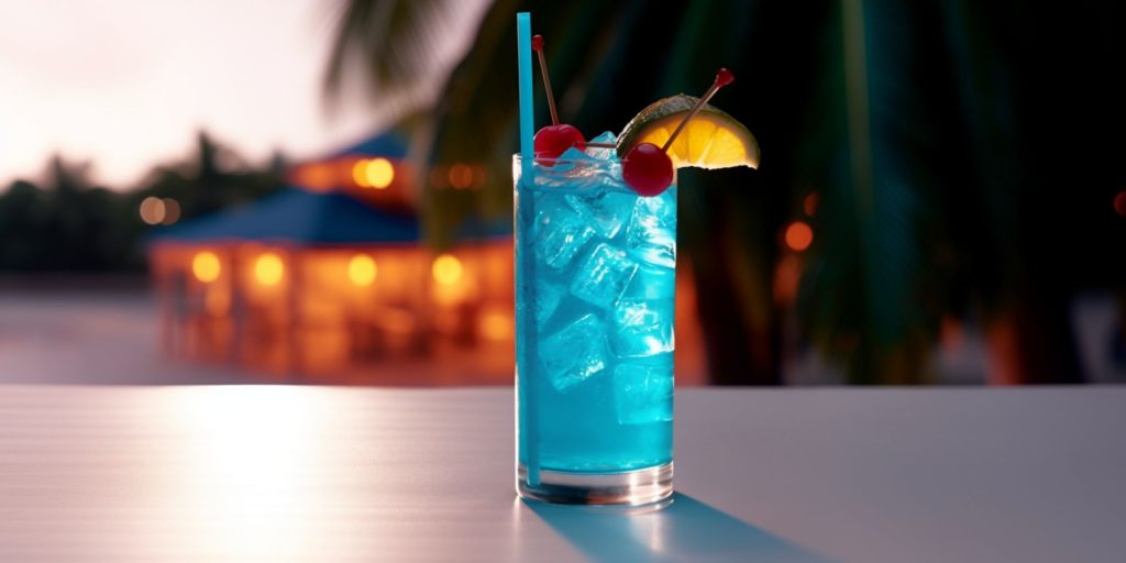 A Blue Hawaiian cocktail on a Tiki bar counter overlooking a warm and inviting beach bar scene at dusk 