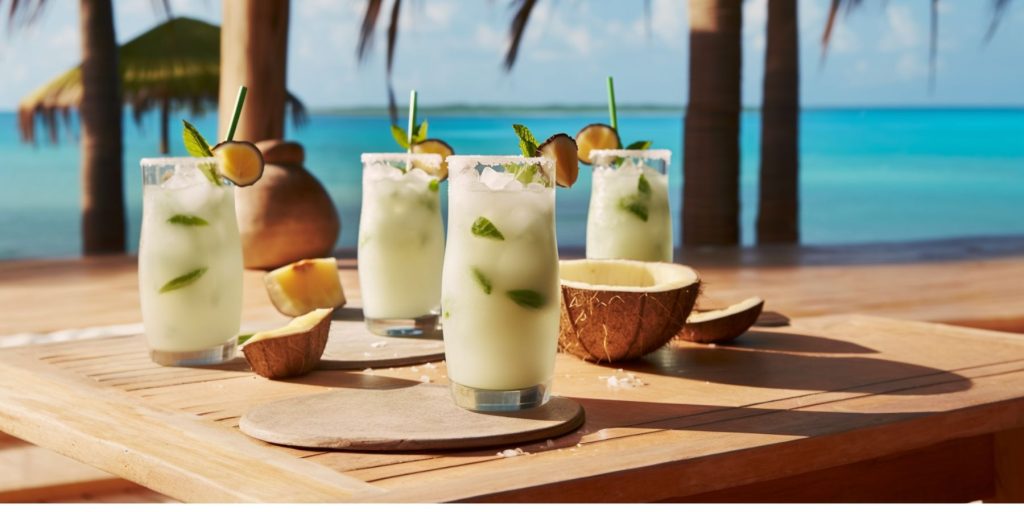 Four Coconut Mojito cocktails on a wooden table outdoors in summer on the beachfront overlooking the ocean 