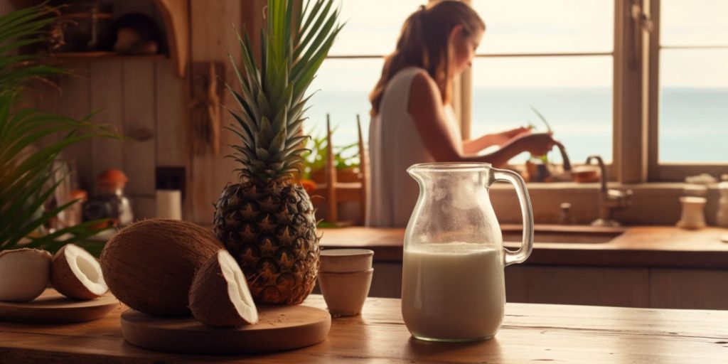 A jug of cream of coconut on a table in a island style kitchen with a woman at the sink in the background