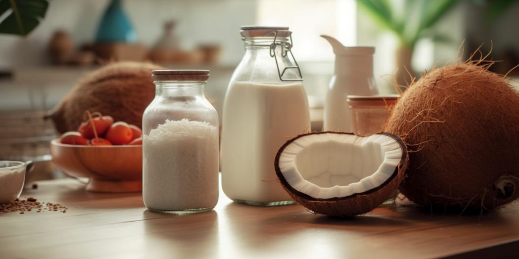 Coconut milk, fresh coconut and coconut flakes on a wooden table in an island style kitchen