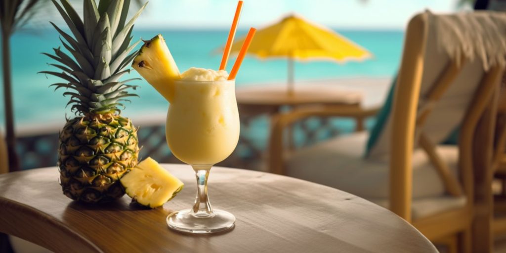 A Pina Colada cocktail on a table next to a deck chair overlooking the ocean on a sunny day