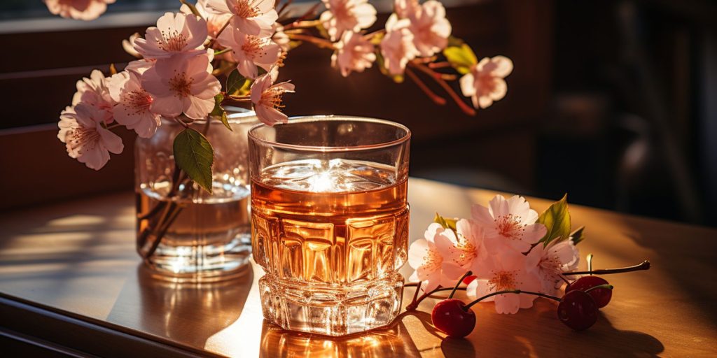 A tumbler of cherry flavored whisky on a table with a vase of cherry blossoms and fresh cherries next to it