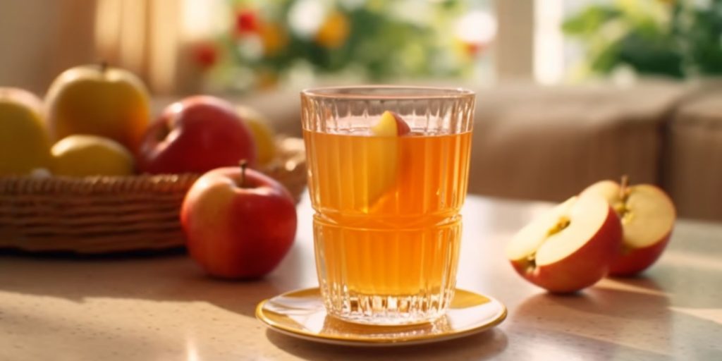 A gin and apple juice cocktail in a breakfast nook in a sunny kitchen with fresh apples around