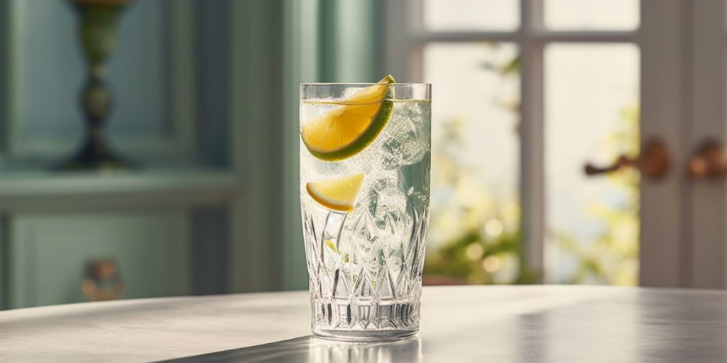 A gin and soda water cocktail on a counter top in a modern kitchen dressed in shades of white
