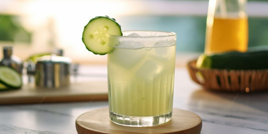 A gin and cucumber cocktail on a table overlooking the ocean from a posh home veranda