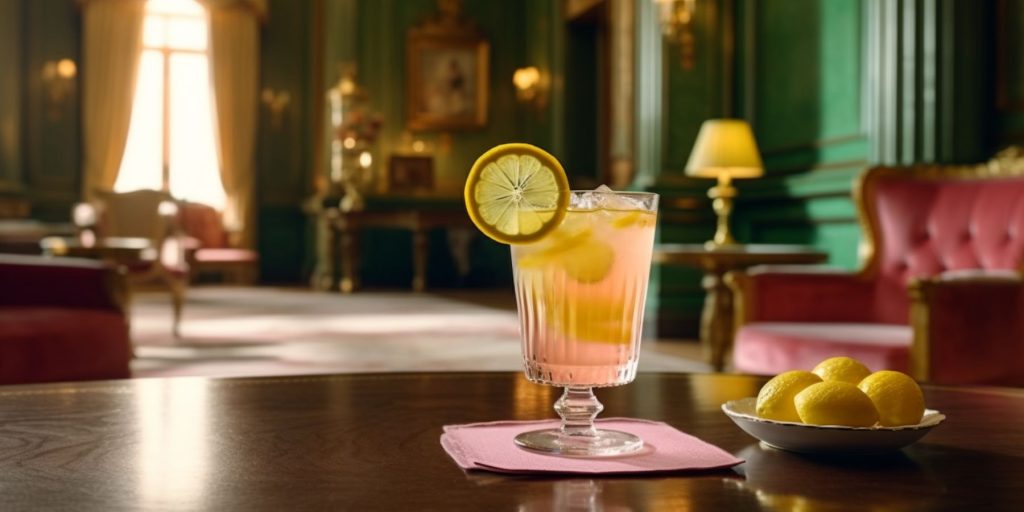 A pink lemonade and gin cocktail on a polished dark wood coffee table in a grand lounge