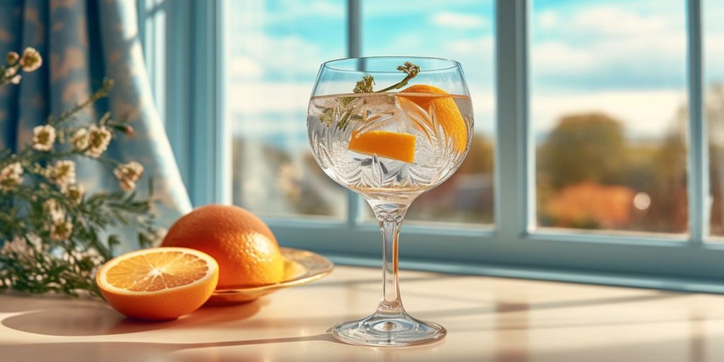 A gin and tonic cocktail on a countertop in a light, brigh kitchen overlooking a garden 