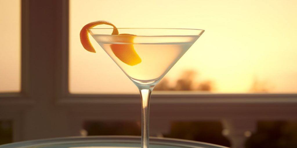 A gin and vermouth martini on a veranda at dusk