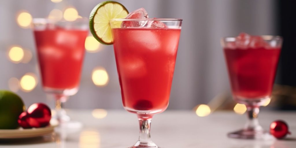 A trio of cranberry and gin cocktails on a table in a room dressed for a Christmas party