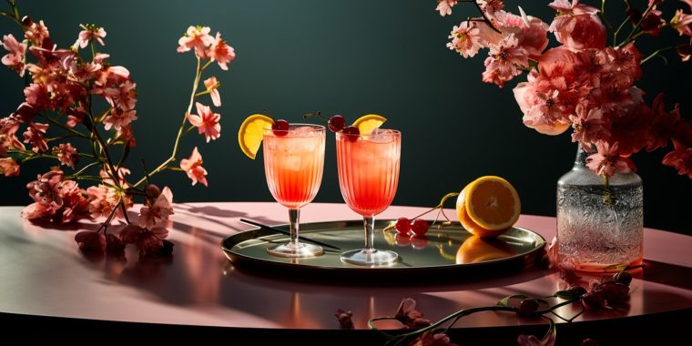 Close up of a pair of Grenadine Cocktails on a serving platter on a pink table surface with a vase of pink flowers to the side and a dramatic blue backdrop