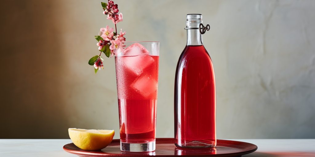 Bottle of homemade grenadine and grenadine cocktail